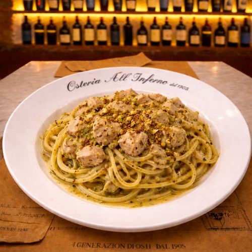 SPAGHETTI CON  SPADA MARINATO E PESTO DI  PISTACCHIO